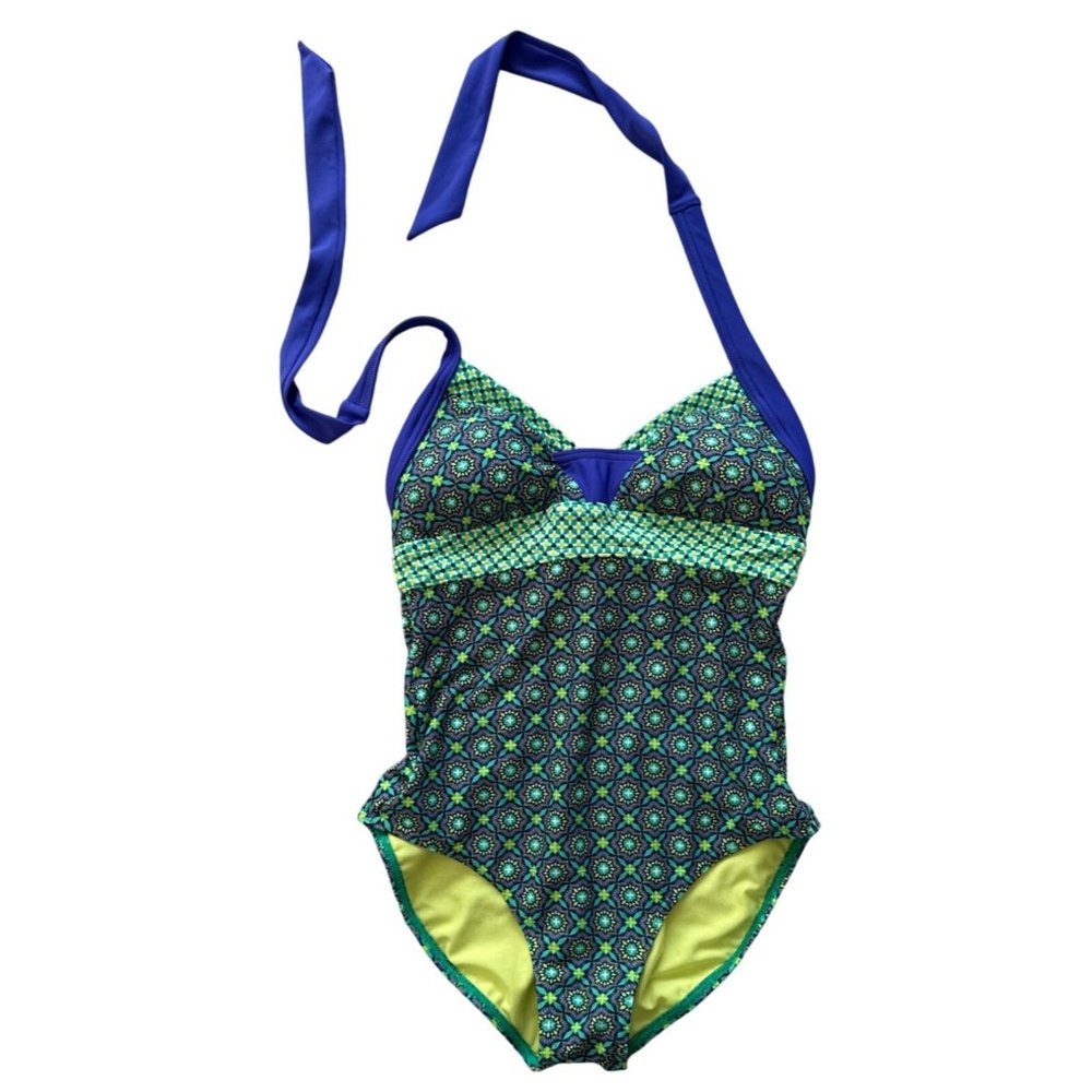 Prana Womens XS One-Piece Swimsuit With Blue Green & Yellow Geometric Print Halt